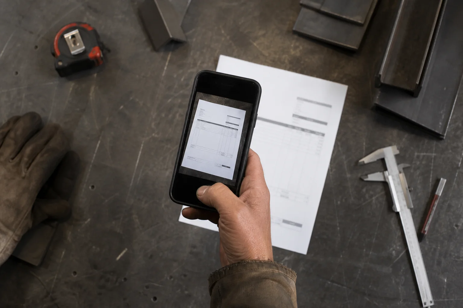A fabricator photographing a supplier invoice on a steel workbench