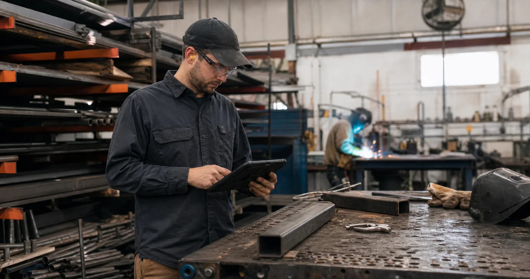 A fabricator checking a tablet beside a workbench in an active metal shop