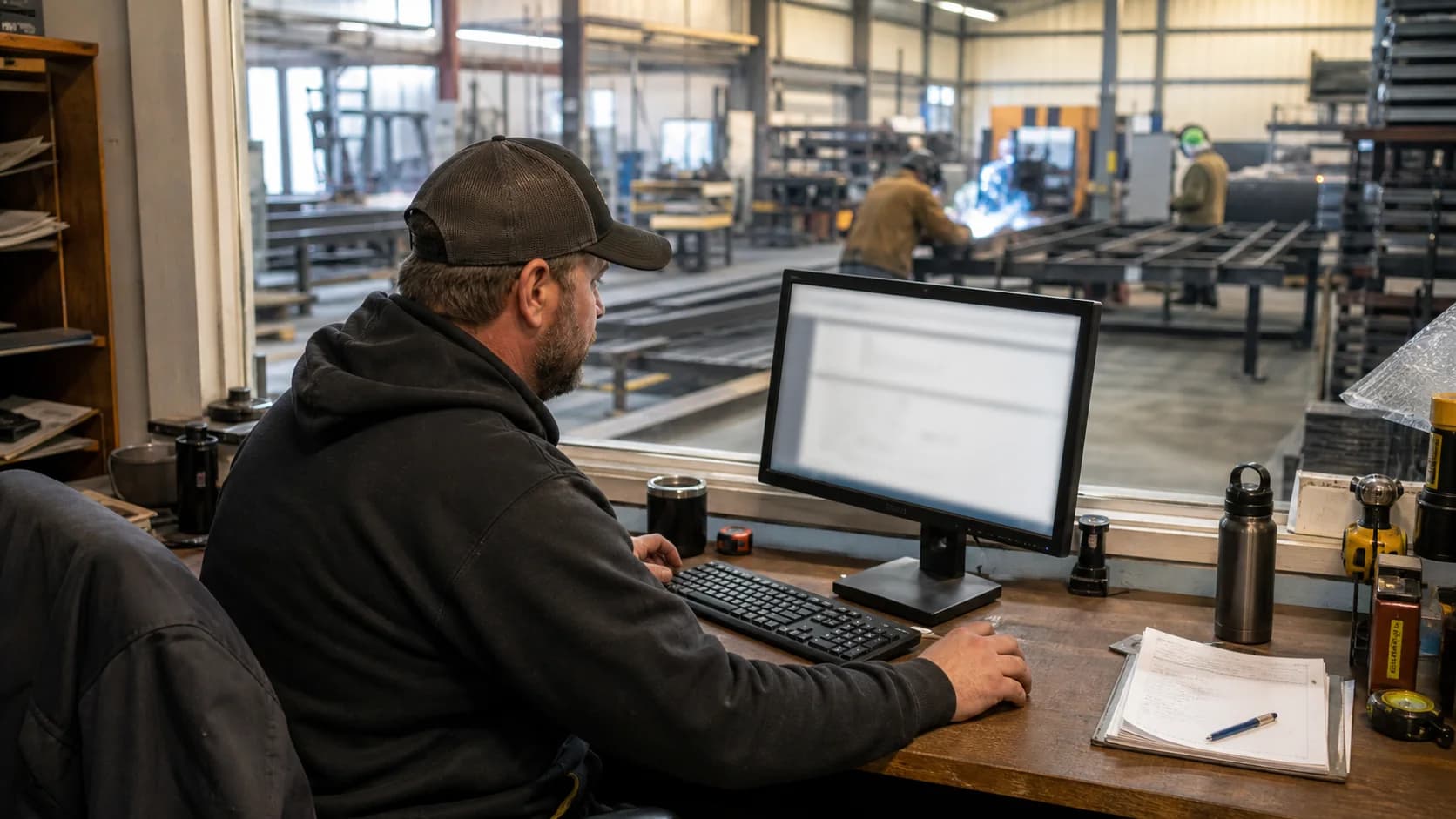 A metal shop owner reviewing work from an office overlooking the fabrication floor